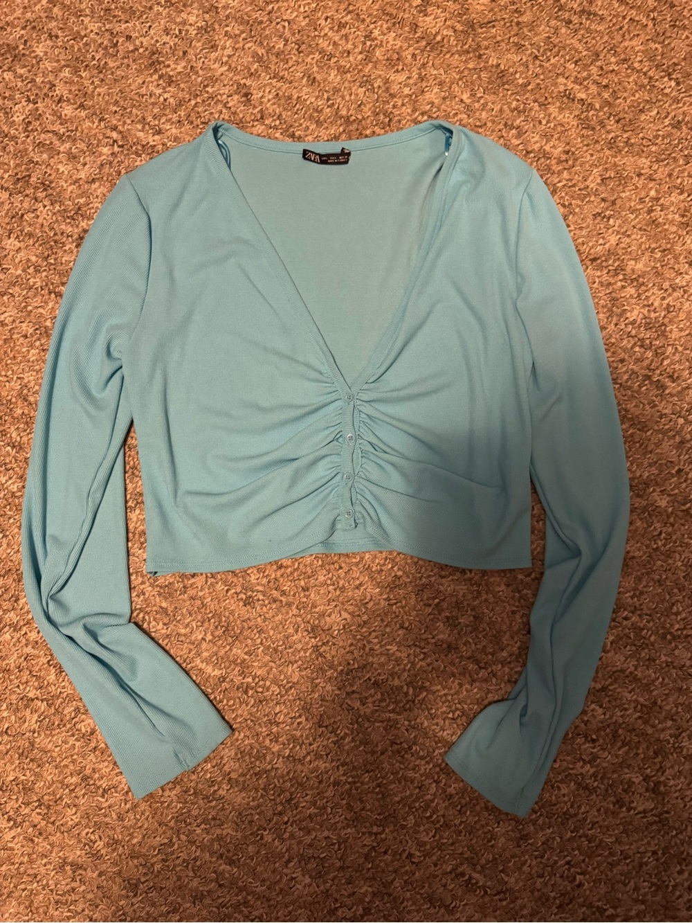 Zara Sky Blue Ruched V-Neck Long Sleeve Crop cardigan Top